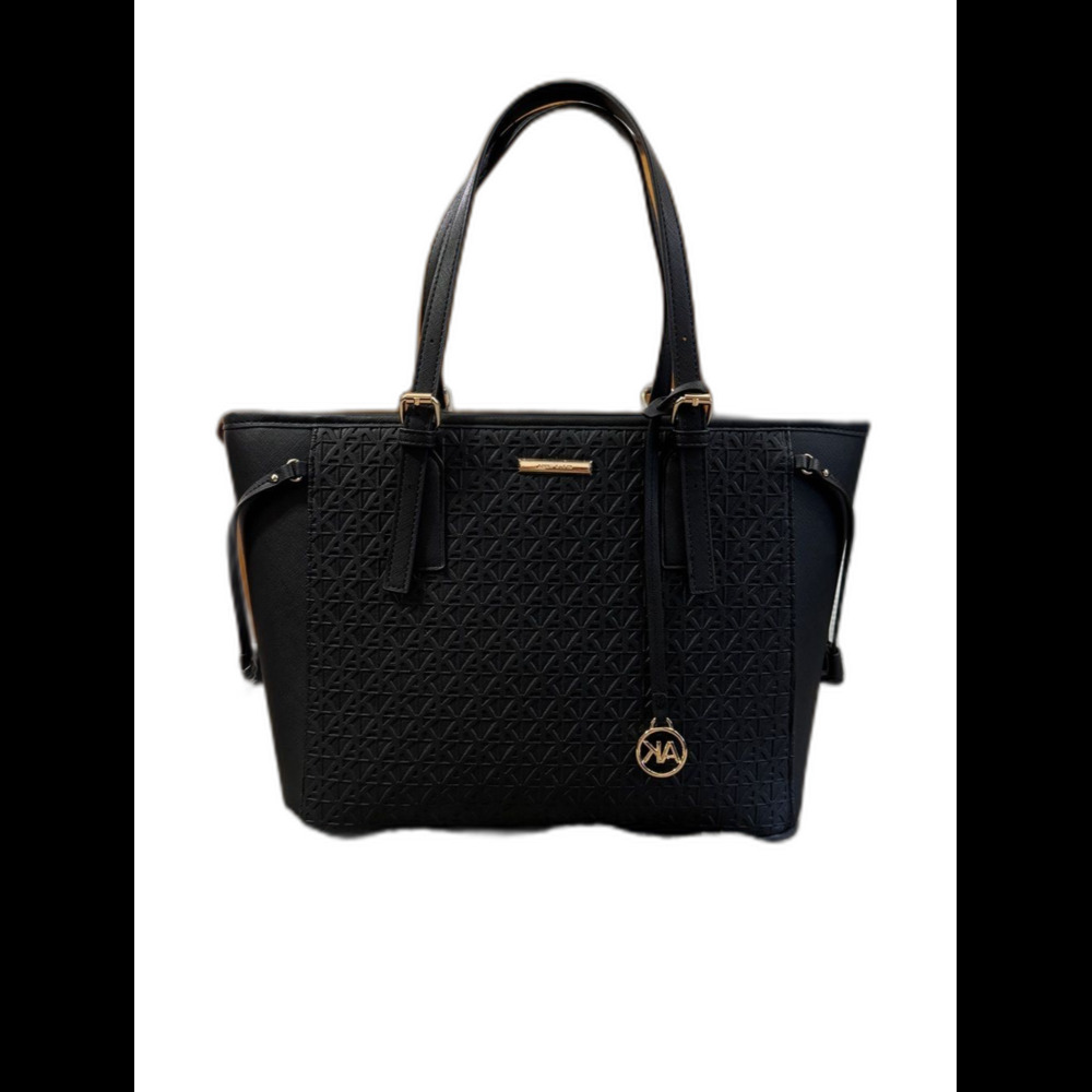 Anne Klein Black Embossed Tote with Gold Charm Accent - Picture 1 of 7
